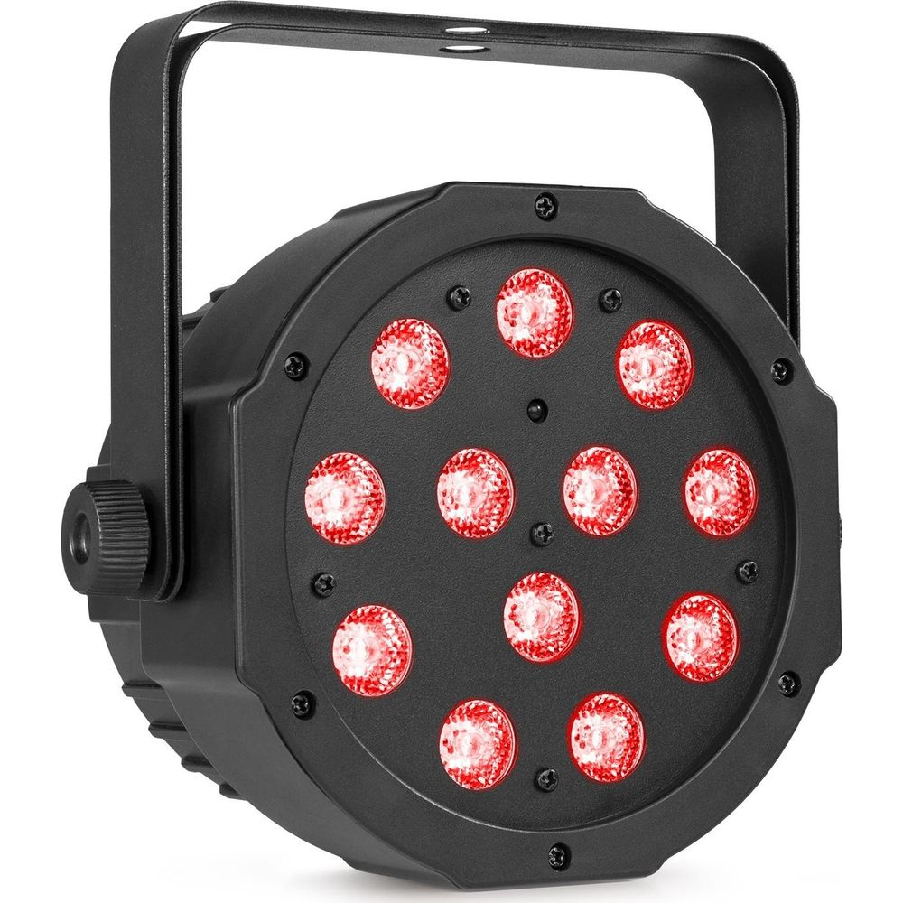 Foco negro con 12 LEDs rojos y soporte, sobre fondo blanco.