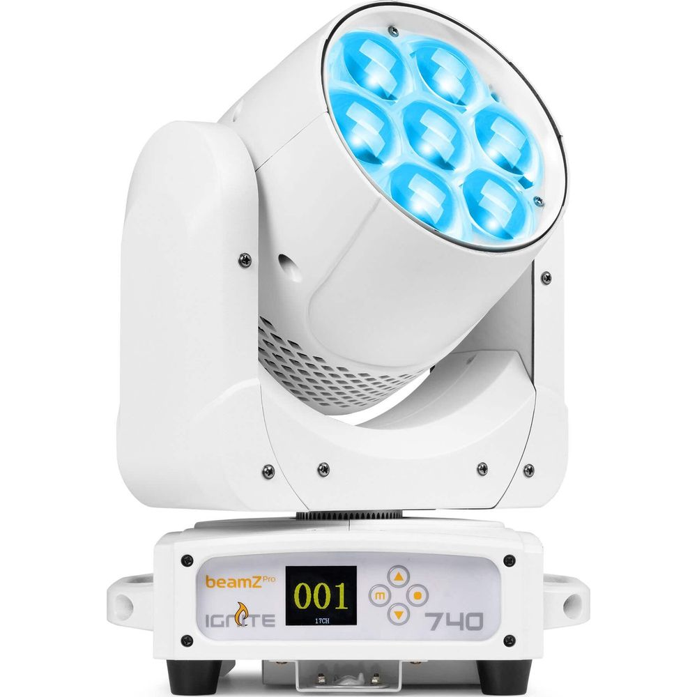 Foco blanco con siete LEDs azules y pantalla digital.