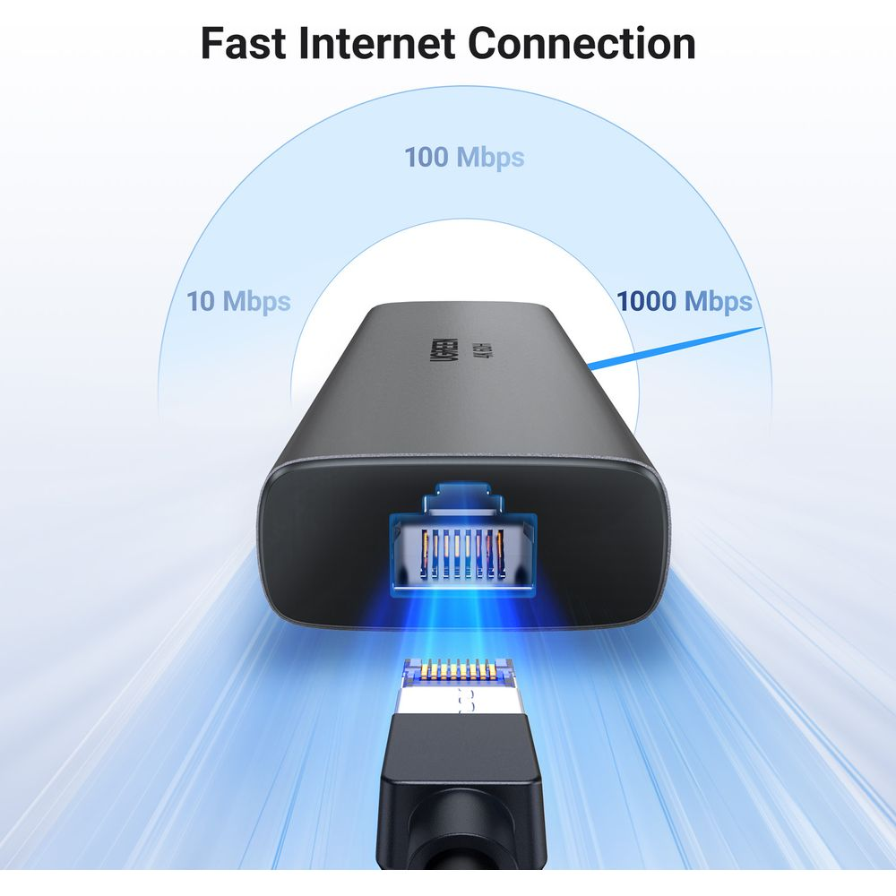 Szara przejściówka Ethernet z niebieskim światłem, pokazująca prędkości 10, 100, 1000 Mbps.