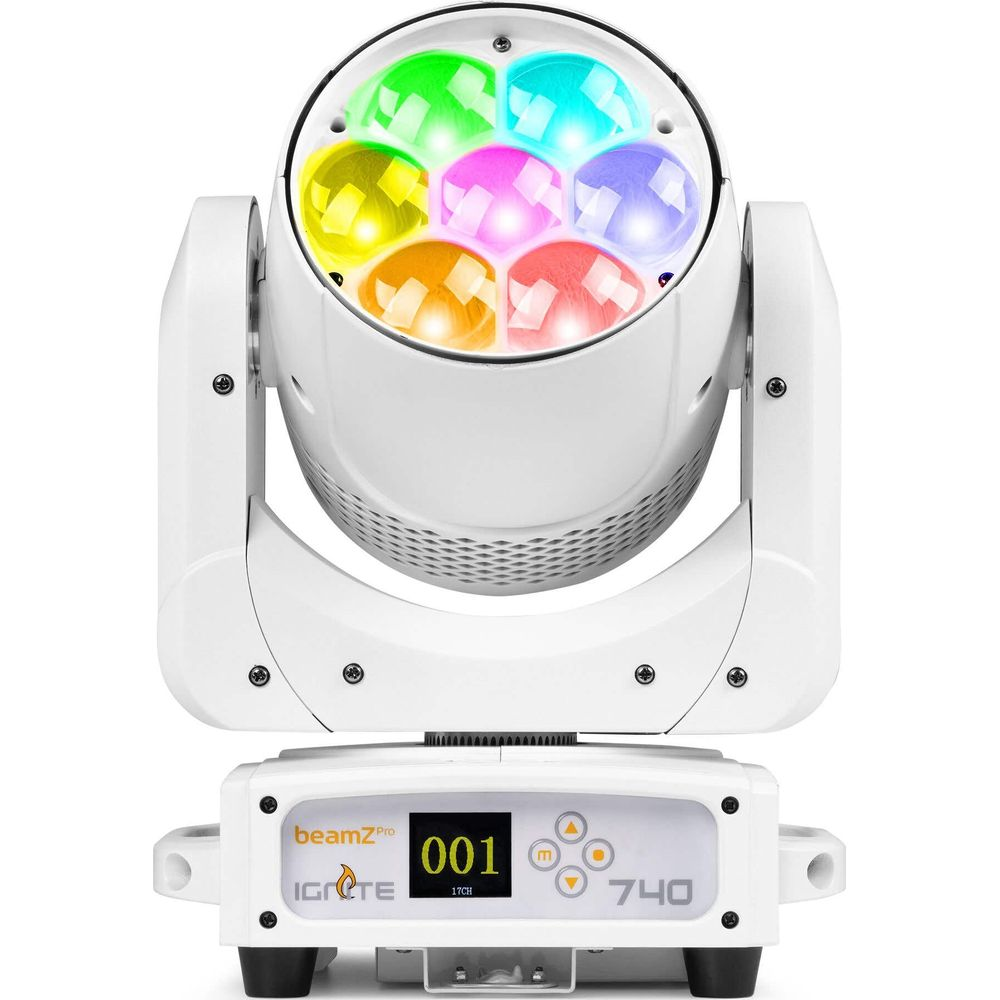 Un foco blanco con siete luces de colores: rojo, naranja, amarillo, verde, azul, cian, púrpura.
