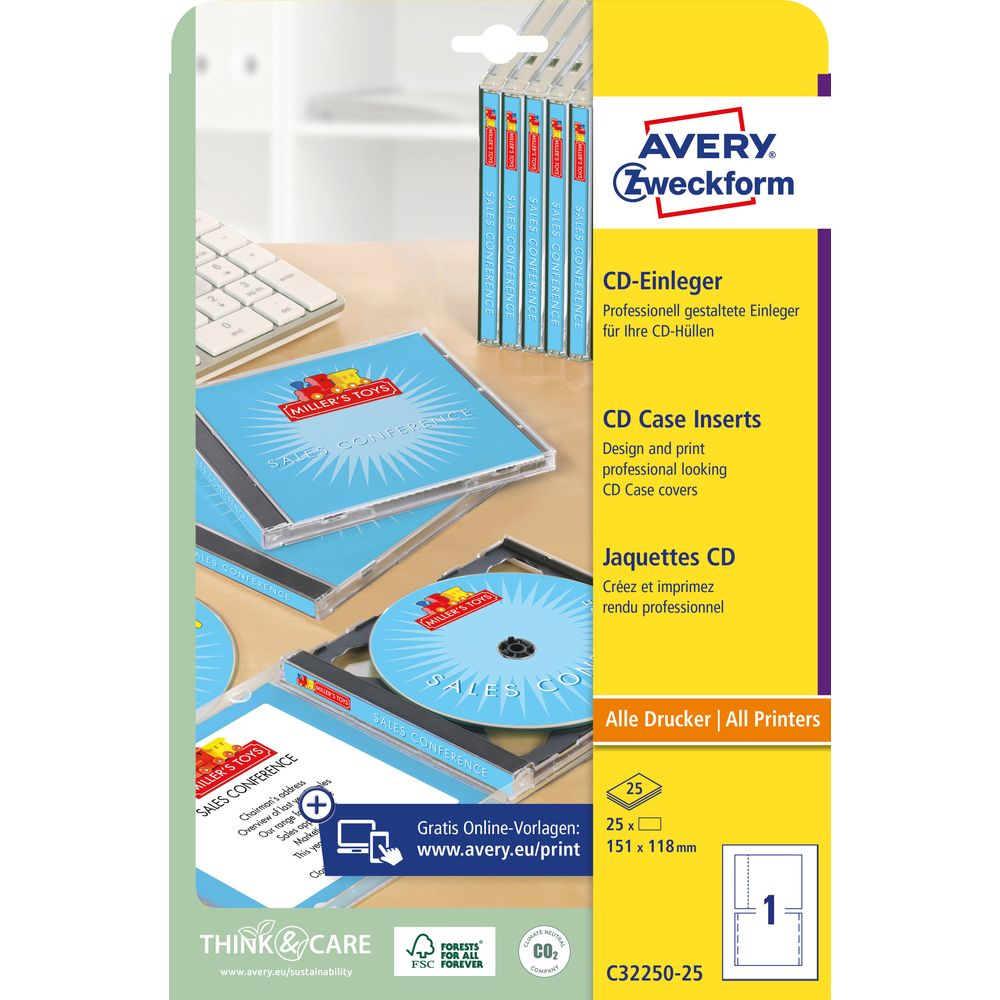Avery Zweckform CD-Hüllen-Einleger mit Design-Beispielen, Tastatur und CDs.