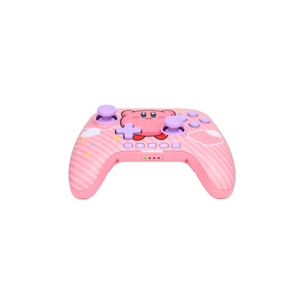 Różowy kontroler Nintendo z Kirby i fioletowymi przyciskami.