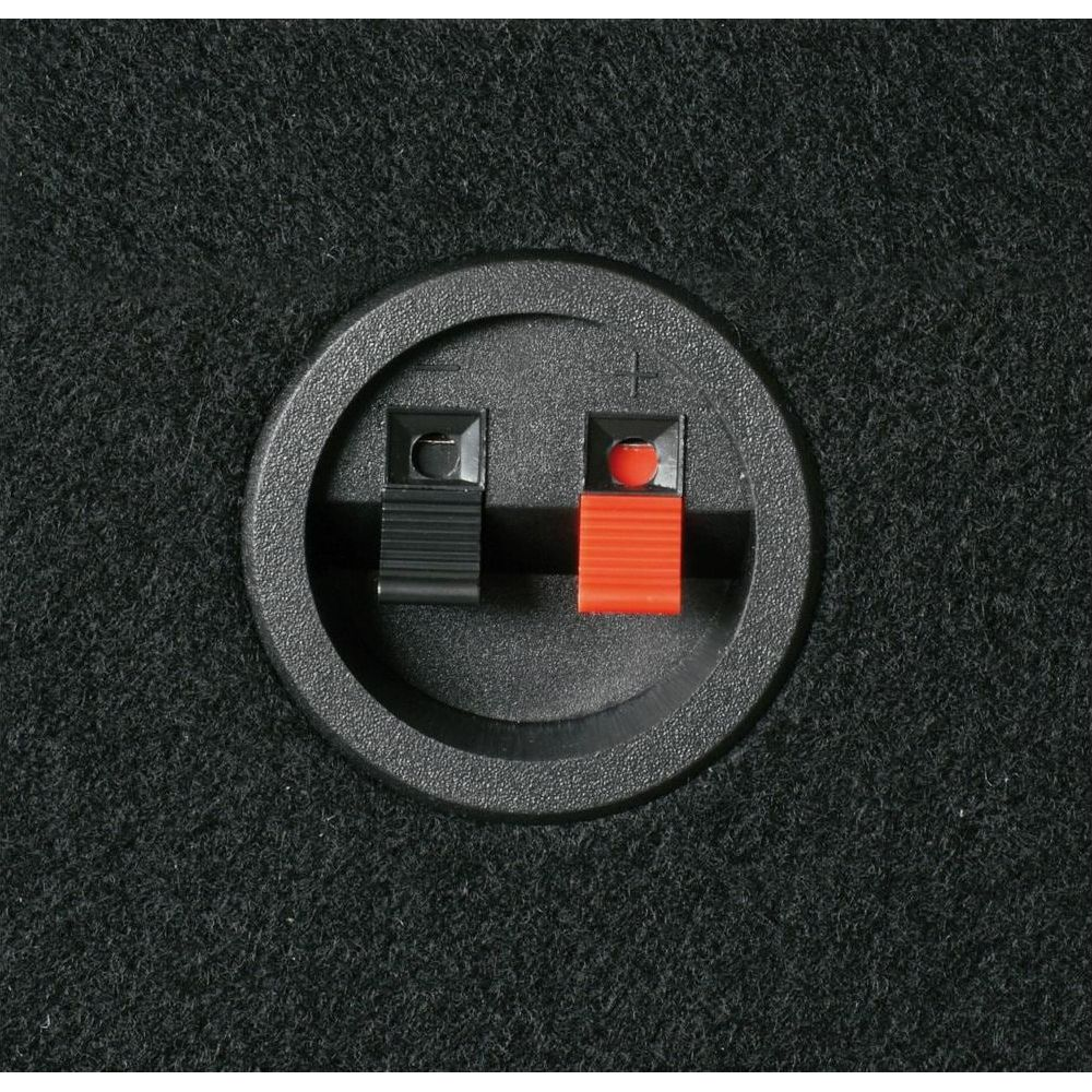 Un terminal de altavoz negro y uno rojo sobre superficie alfombrada negra.