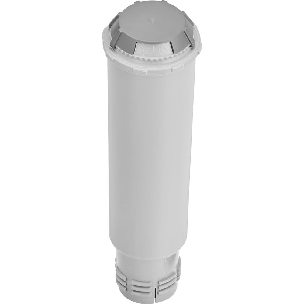 Ein weißer Wasserfilter mit grauem Deckel, auf weißem Hintergrund.