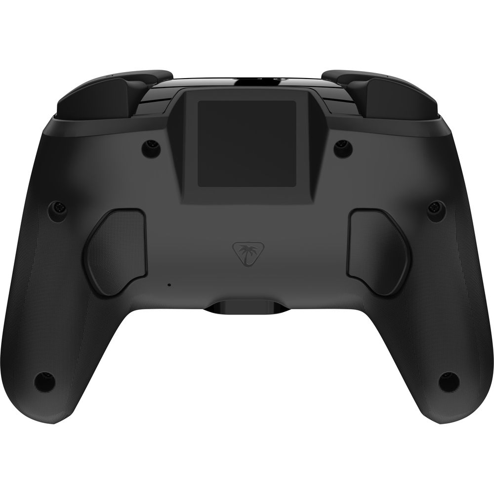 Schwarzer Controller-Rücken mit Griffen, Tasten und einem kleinen Bildschirm.