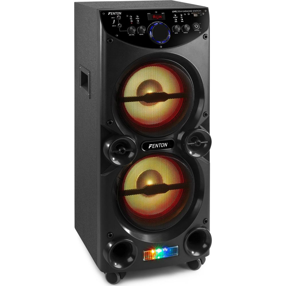 Un altavoz Fenton negro con dos altavoces iluminados y controles.