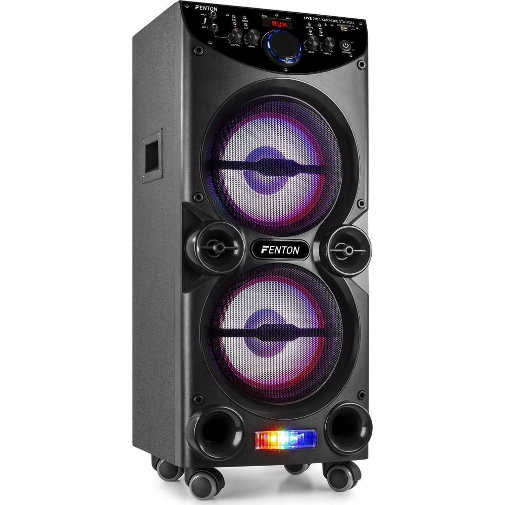 Altavoz Fenton negro con dos drivers grandes, luces y controles. Con ruedas.