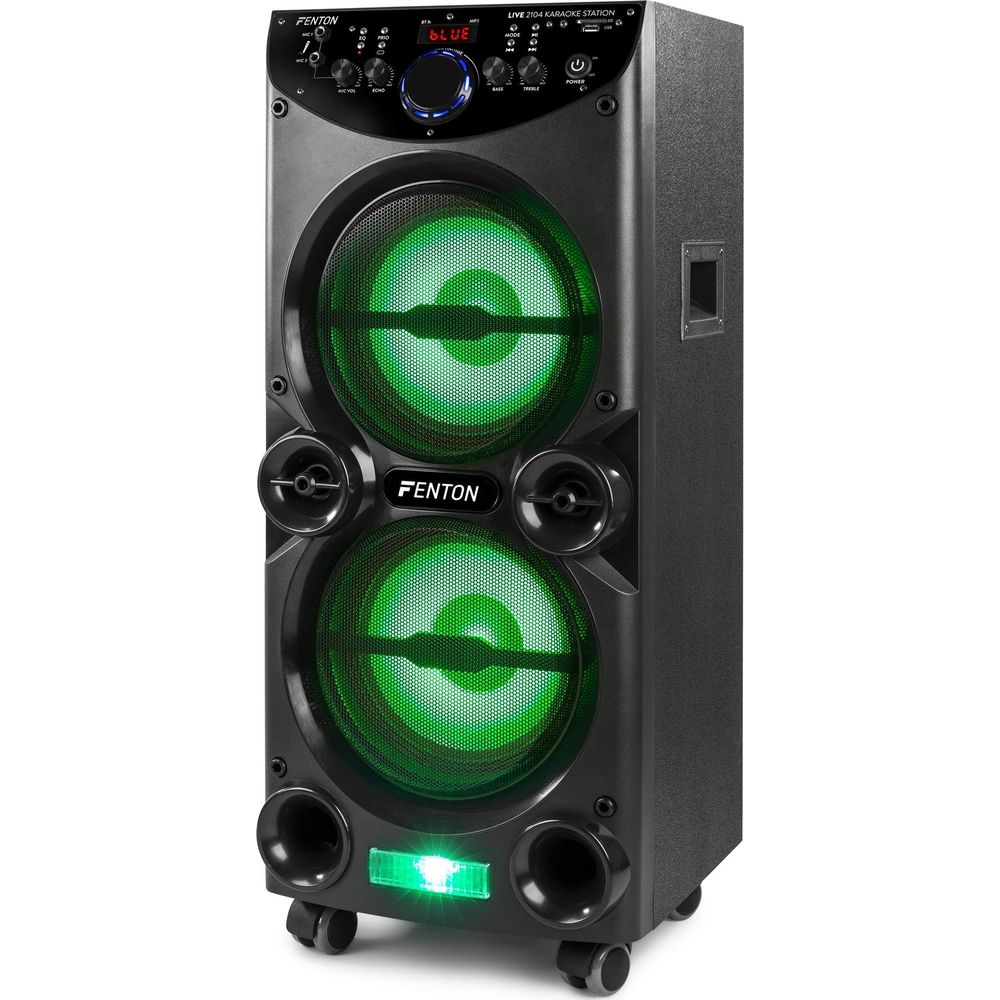 Un altavoz de karaoke Fenton negro con dos luces verdes y controles arriba.