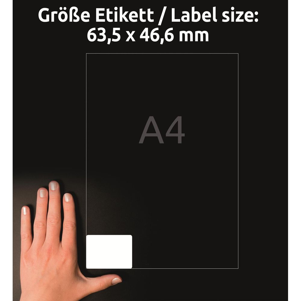 Eine Hand zeigt auf ein Blatt Papier mit der Aufschrift A4. Darunter ein weißes Etikett.