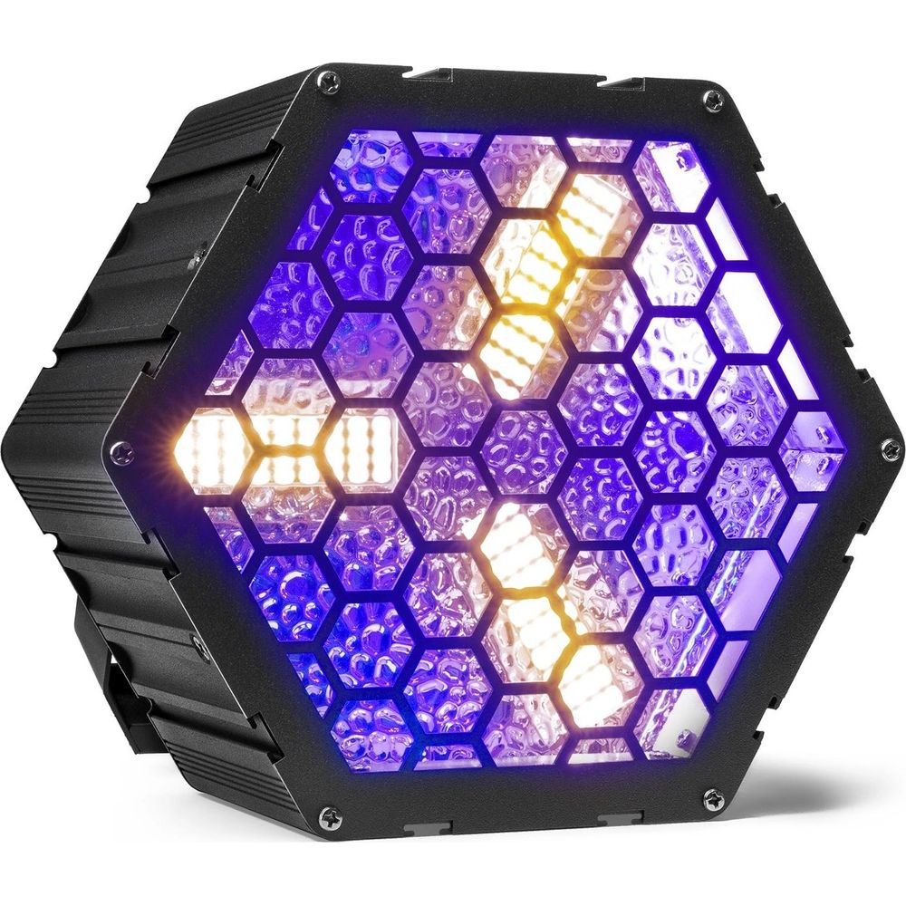 Foco hexagonal con LEDs azules y amarillos, creando un efecto de luz de panal.