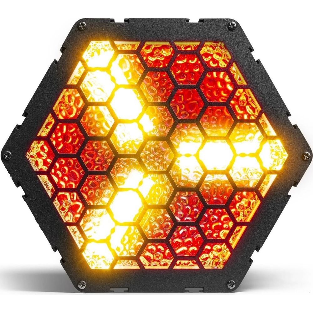 Un marco hexagonal negro con patrones de panal rojos y amarillos brillantes.