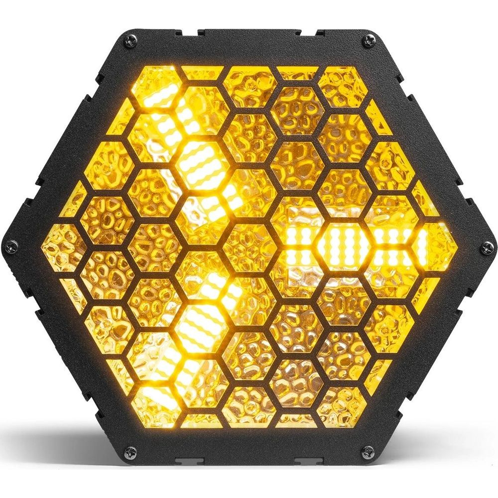 Un foco hexagonal negro con LEDs amarillos y cubierta tipo panal.