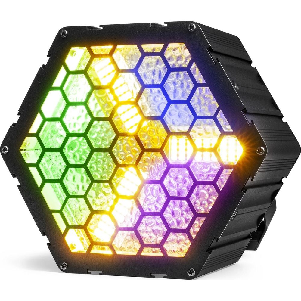 Un foco hexagonal que emite luces verdes, amarillas y azules.