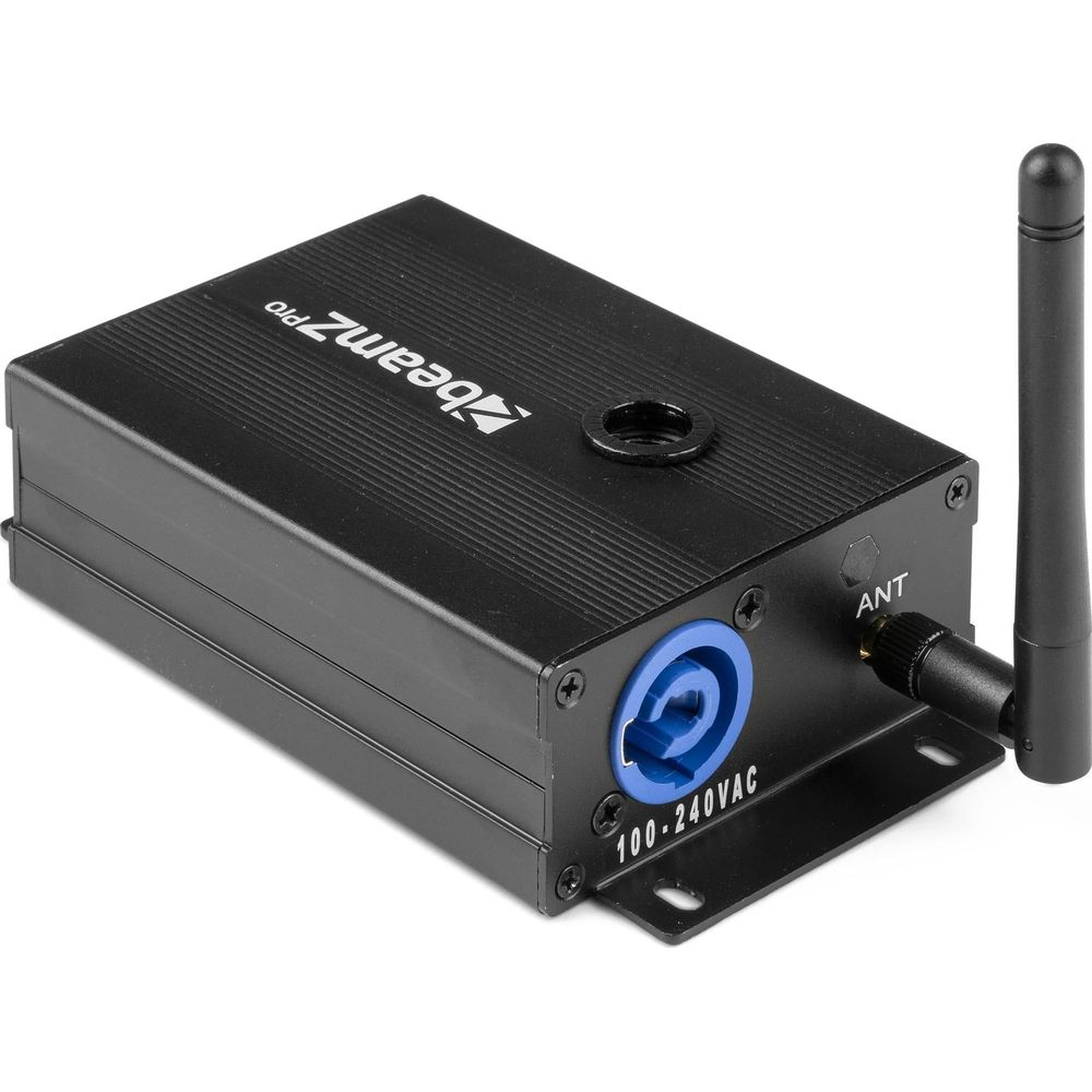 Módulo inalámbrico negro con antena, conector XLR y etiqueta 100-240VAC.