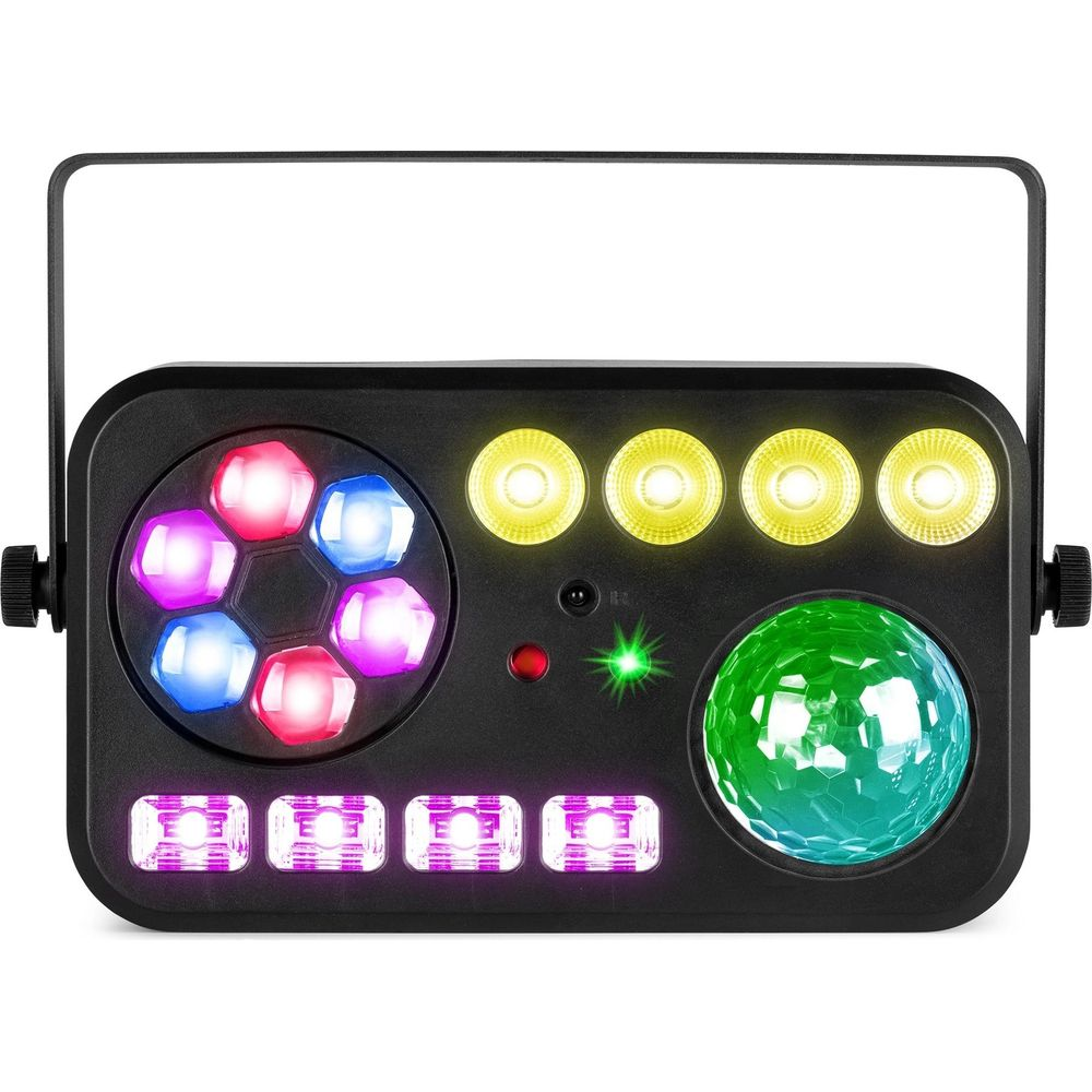 Un dispositivo de efectos de luz negro con luces coloridas, incluyendo LEDs rojos, azules y rosas.