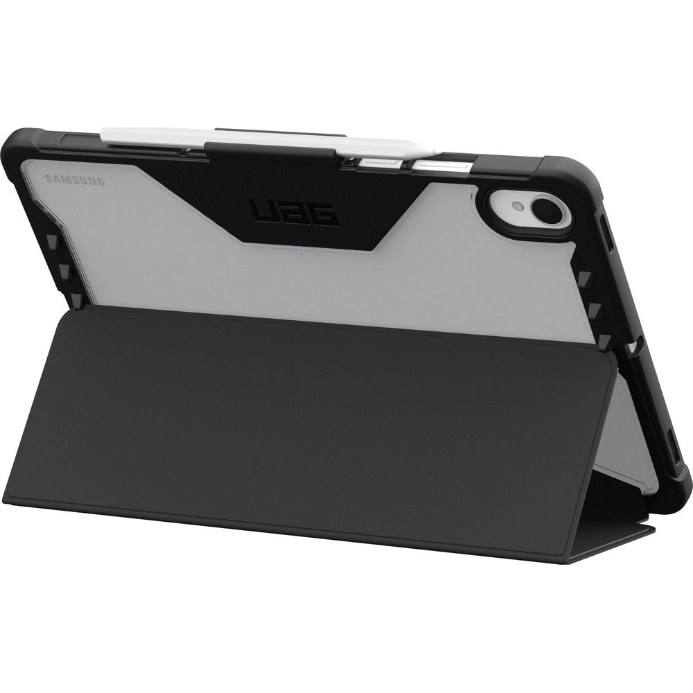Black case with stylus holder for Samsung tablet, propped up.