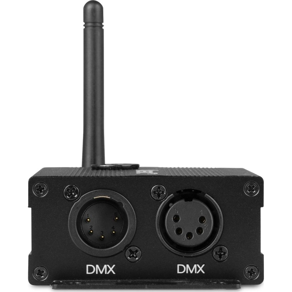 Dispositivo DMX negro con antena y dos conectores XLR.