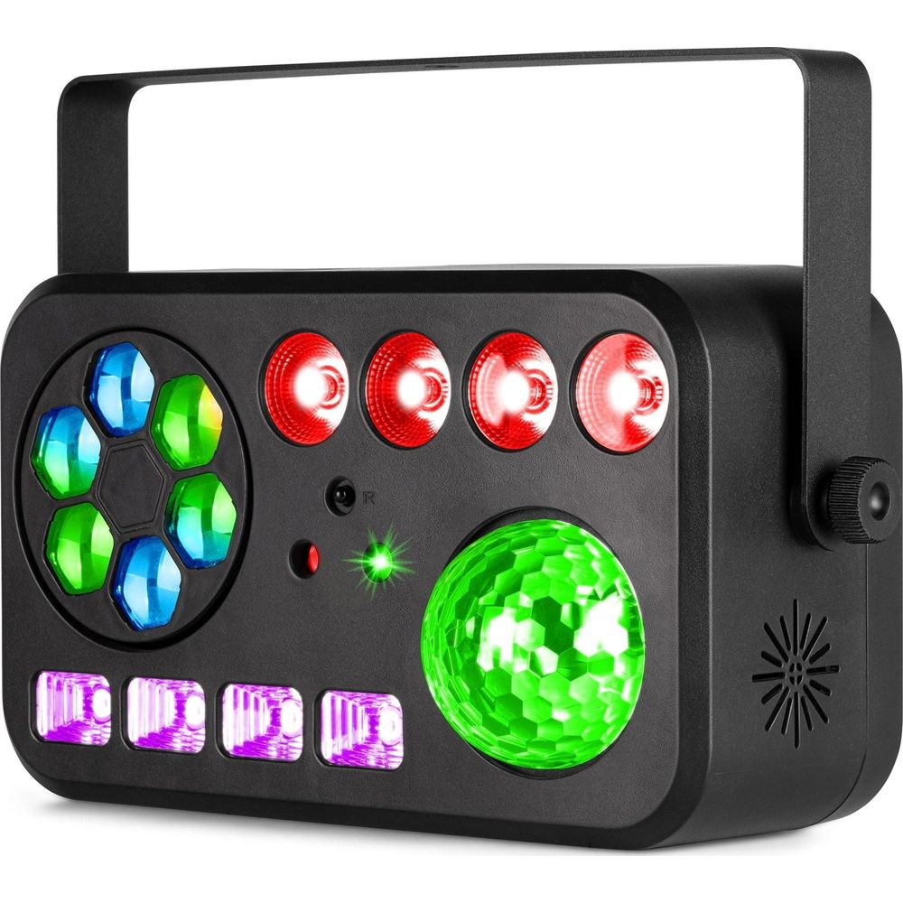 Una luz de fiesta negra con luces rojas, azules, verdes y moradas, y una bola de discoteca verde giratoria.