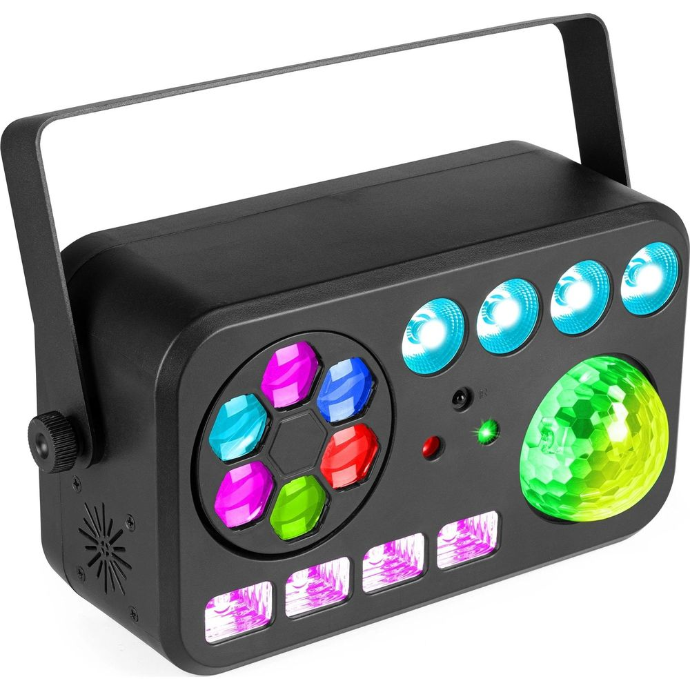 Un efecto de luz de fiesta negro con LEDs coloridos y una bola de discoteca.