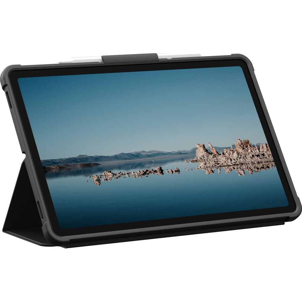 A tablet in a case displays a landscape of rocks in water.