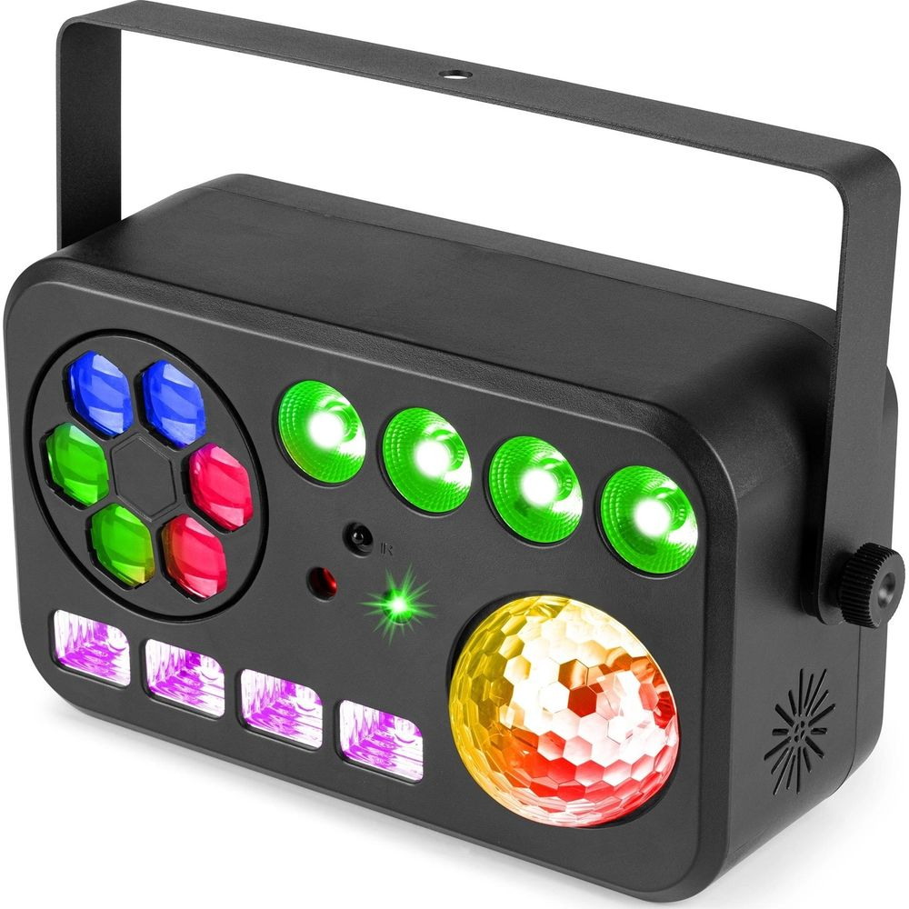 Luz de fiesta negra con LEDs de colores, bola de discoteca y efectos estroboscópicos.