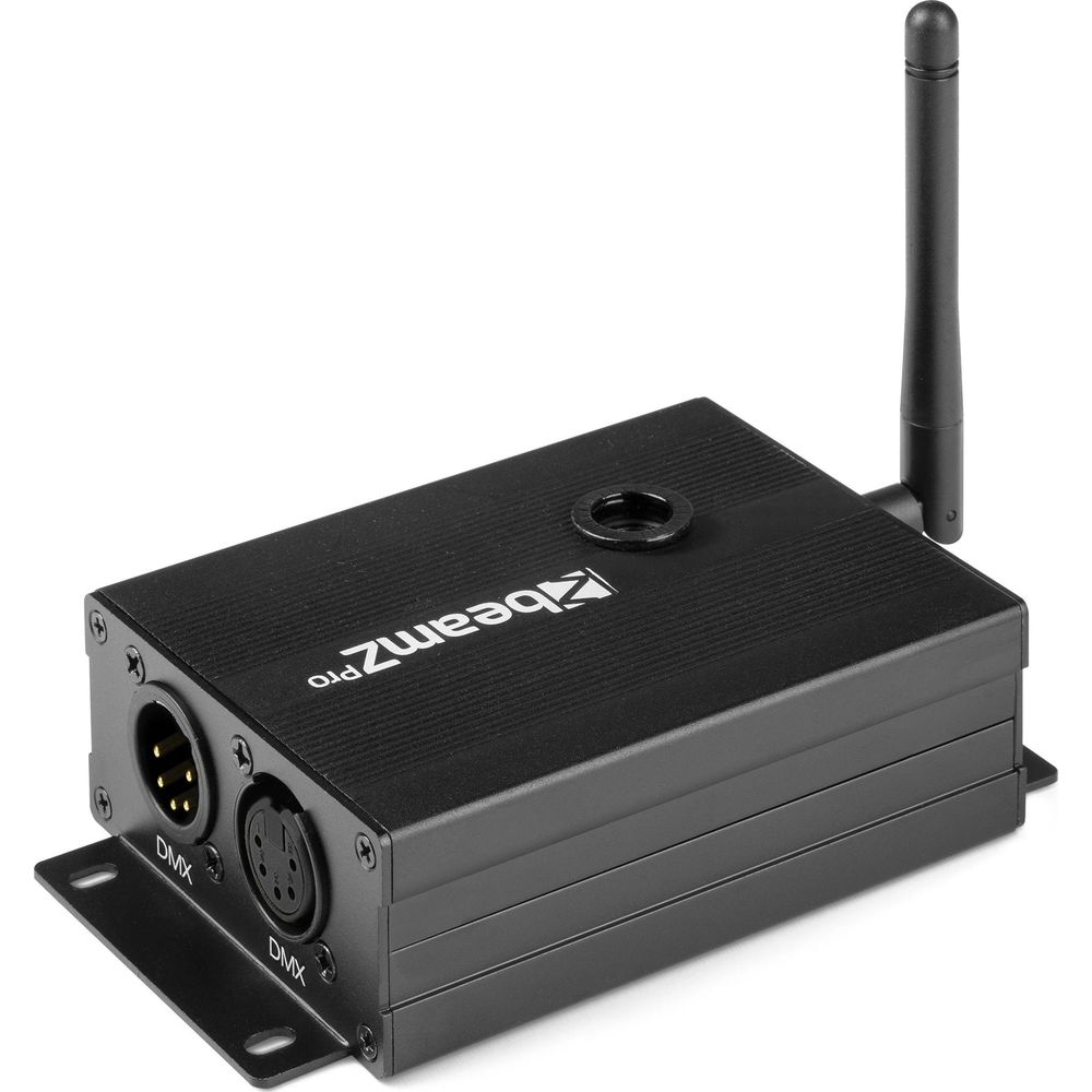 Dispositivo DMX negro con antena y conectores.