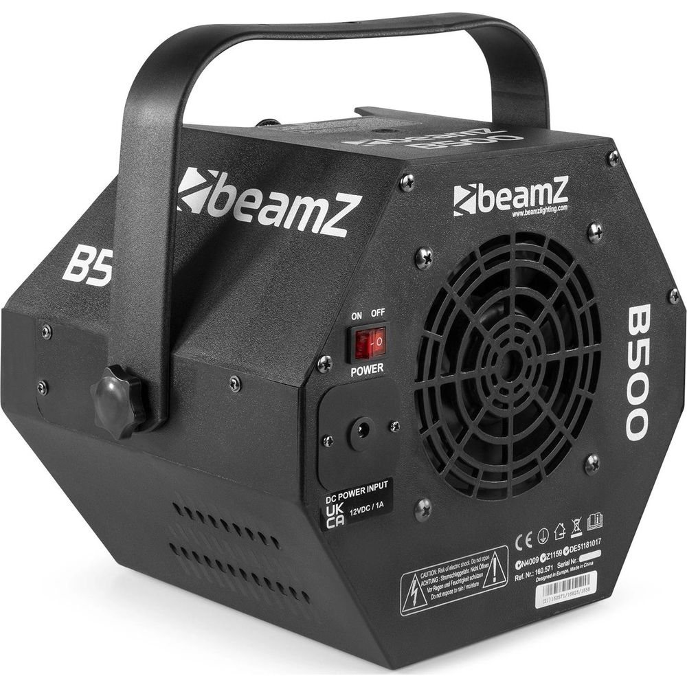 Máquina de efectos de luz negra B500 con asa, ventilador y controles.