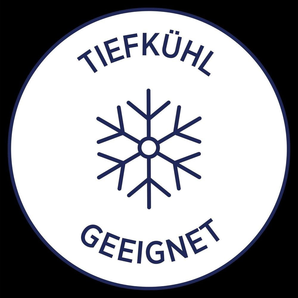 Tiefkühl-Symbol mit Schneeflocke und Text Tiefkühl geeignet.