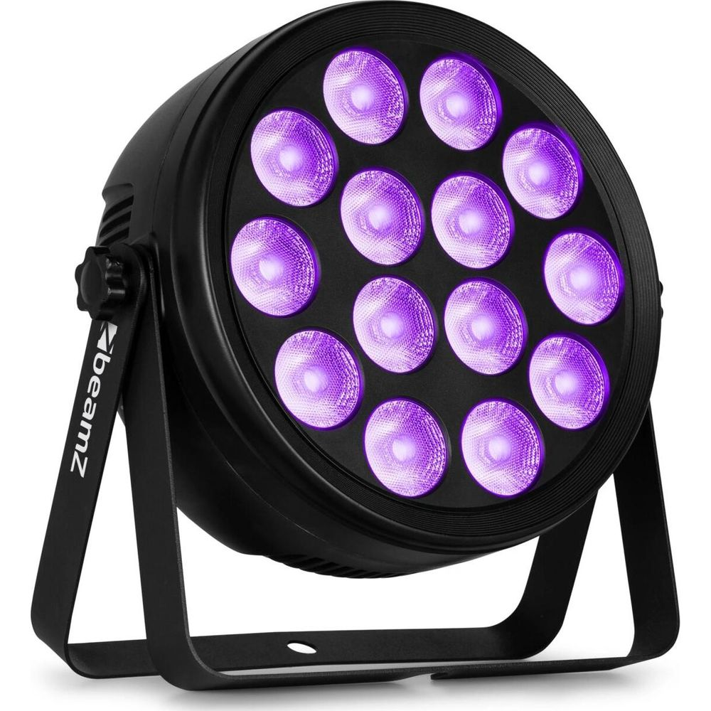 Foco negro con 12 LEDs púrpuras sobre un soporte.