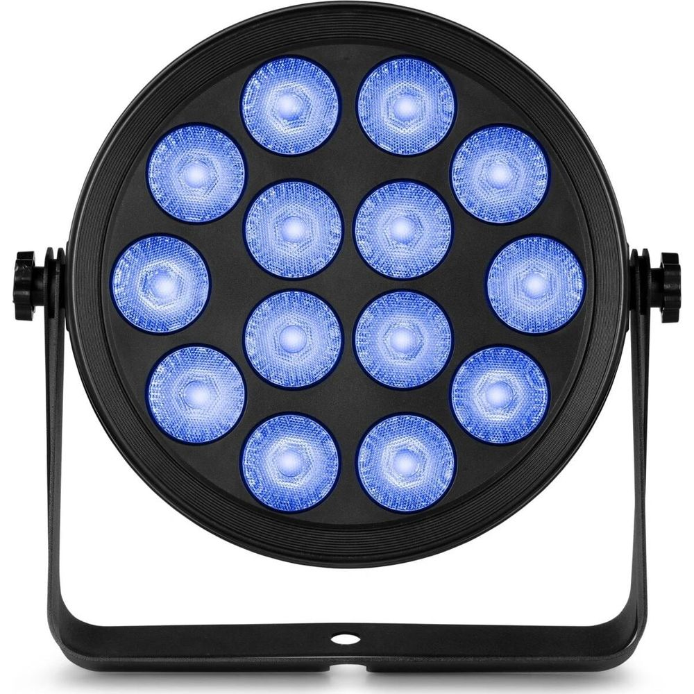 Un foco redondo negro con 12 LEDs azules y un soporte ajustable.