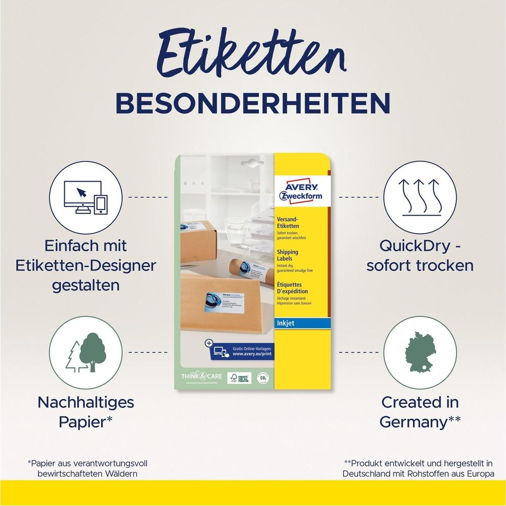 Avery Zweckform Etiketten mit Design-Tool, QuickDry, Recycling-Papier, Made in Germany.