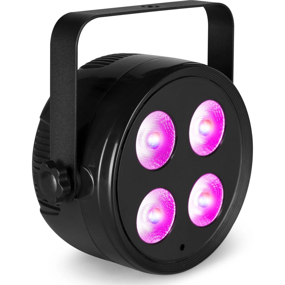 Foco redondo negro con cuatro luces rosas y un asa negra.