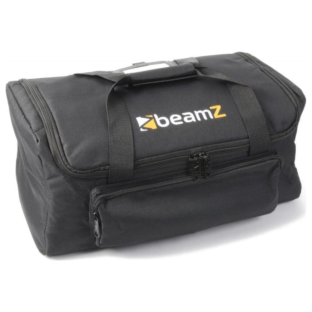 Bolsa negra con logo amarillo y cremalleras, sobre fondo blanco.