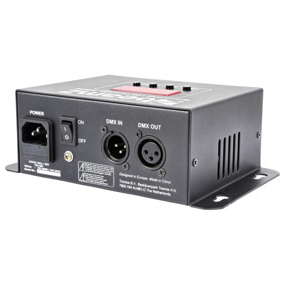 Unidad de control negra con entrada de alimentación, interruptor, conectores DMX IN/OUT.