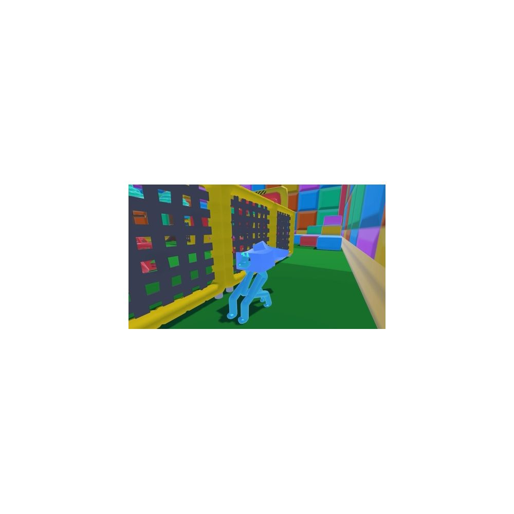 Un personaggio blu si trova in un'area gioco colorata con reti.