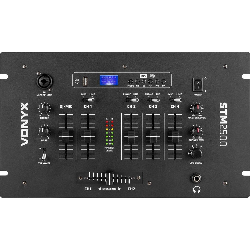 Un mezclador DJ Vonyx STM2500 con perillas, deslizadores y pantalla.