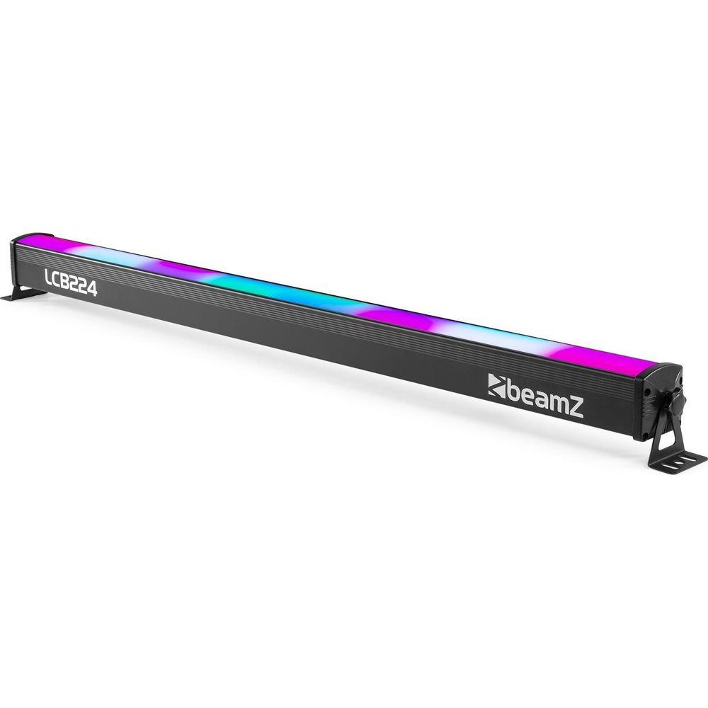 Una barra de luz negra con iluminación LED multicolor y el logo BeamZ.