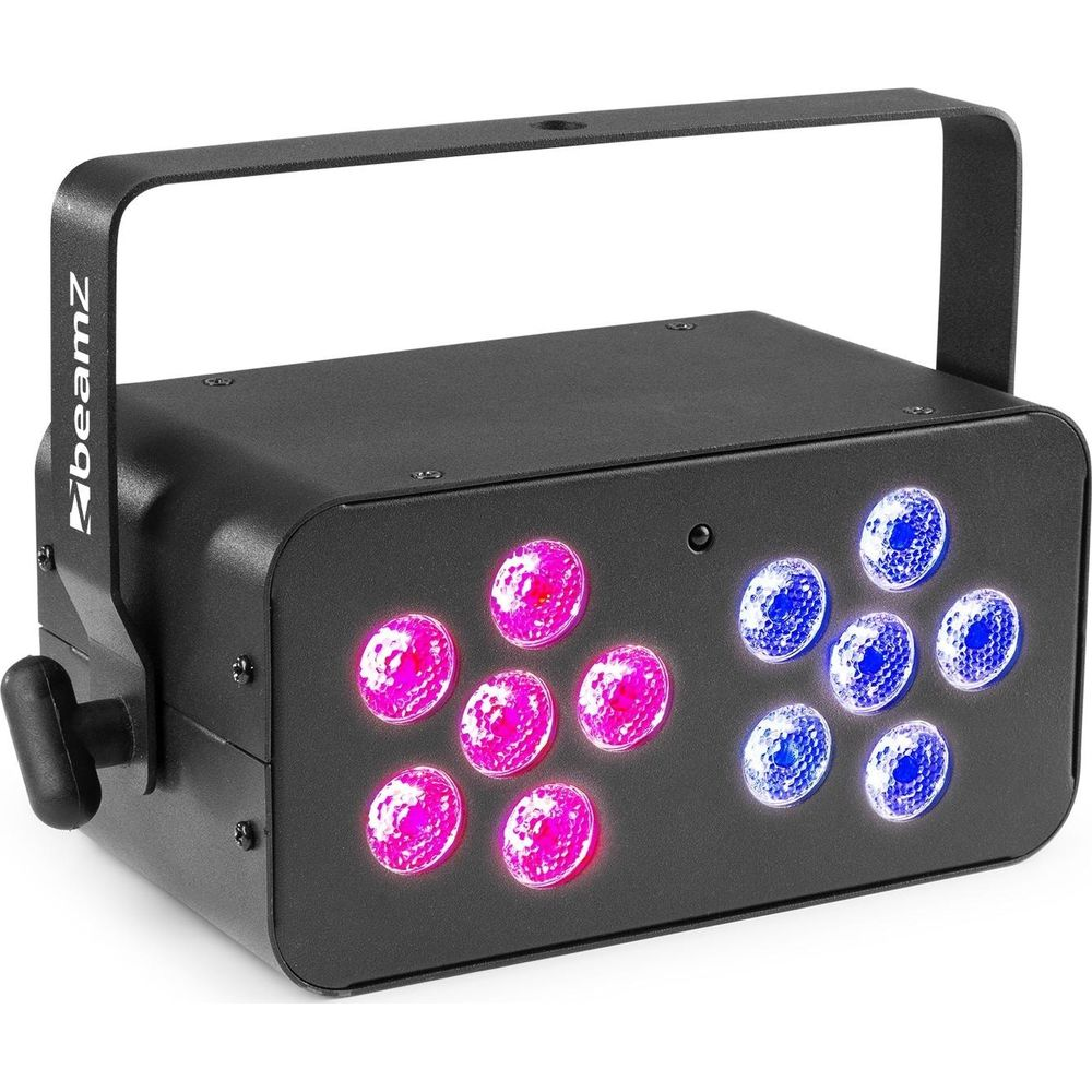 Un dispositivo de efecto de luz negro con luces rosas y azules.