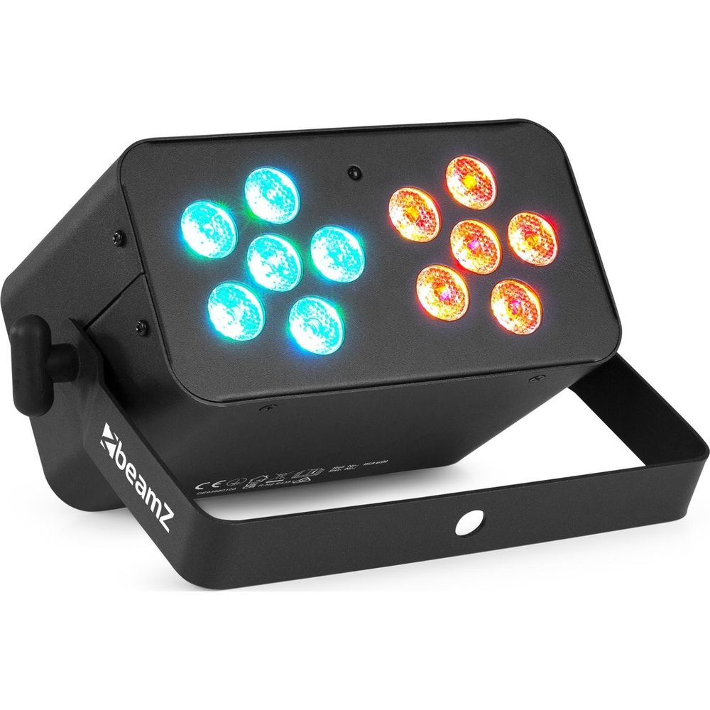 Un foco negro con LEDs azules y rojos, montado en un soporte.