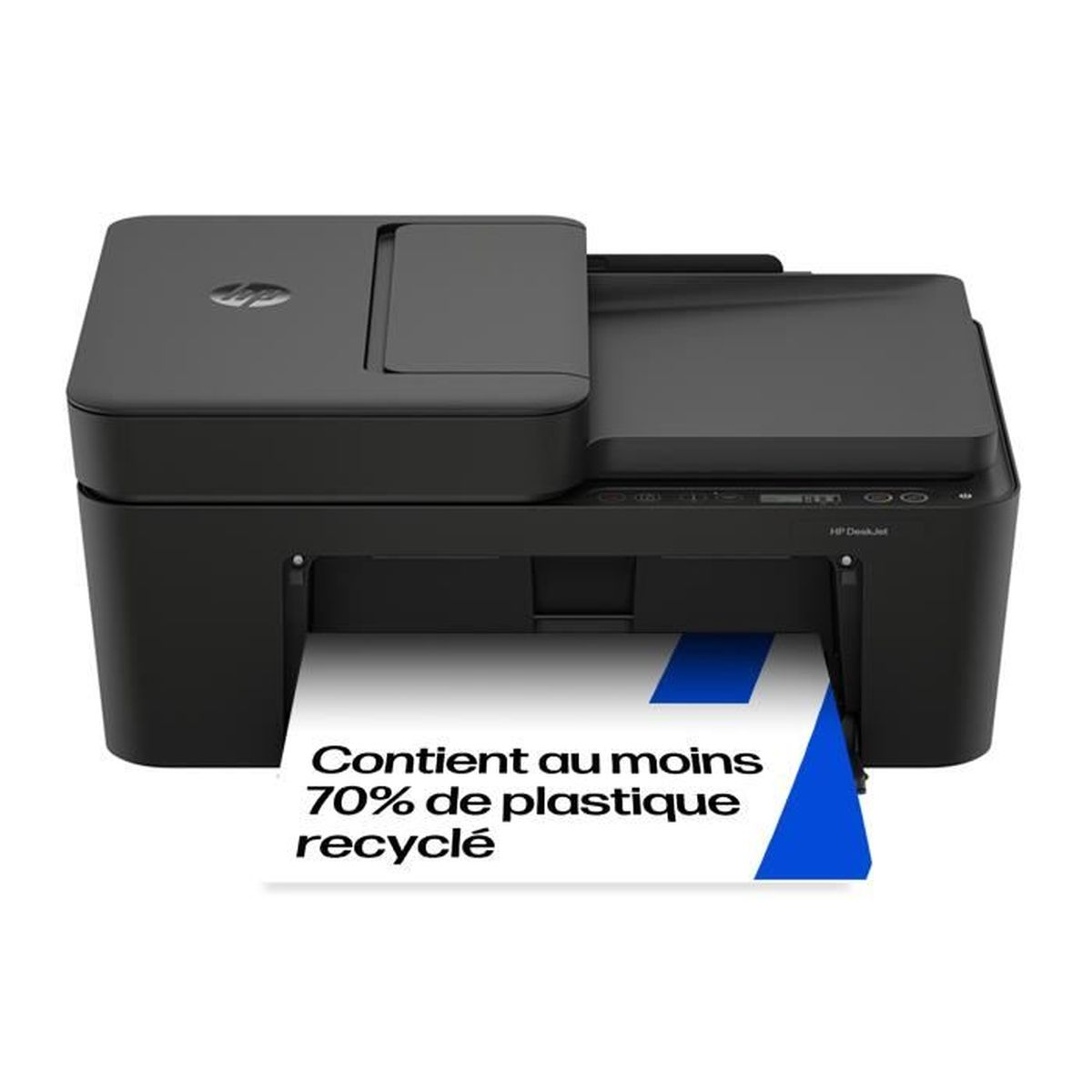 Una impresora HP DeskJet negra imprime un papel con texto en francés y gráfico azul.