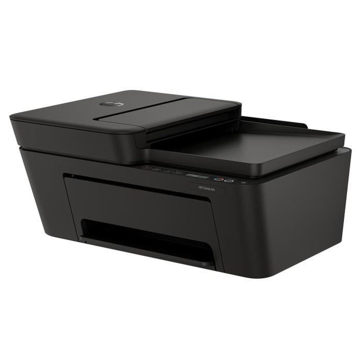 Una impresora HP DeskJet negra con escáner y alimentador.