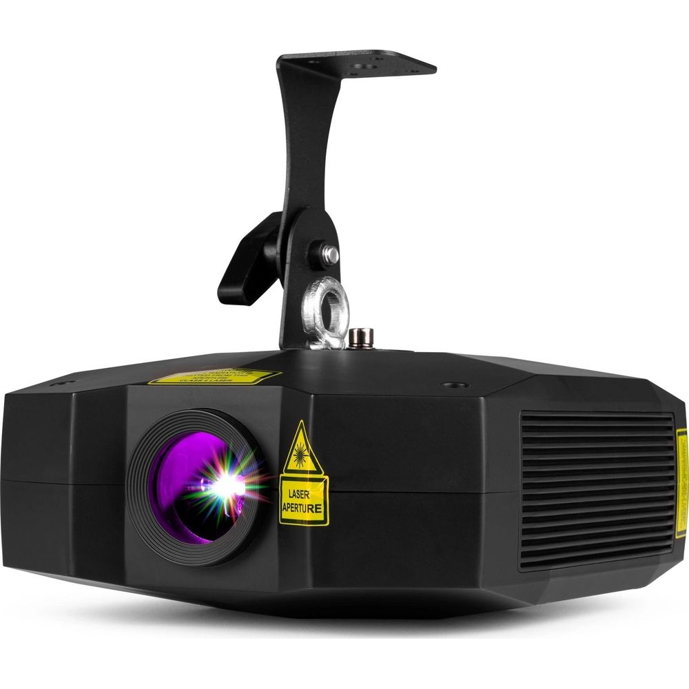 Dispositivo de efecto de luz negro con soporte, rayo láser púrpura frontal.