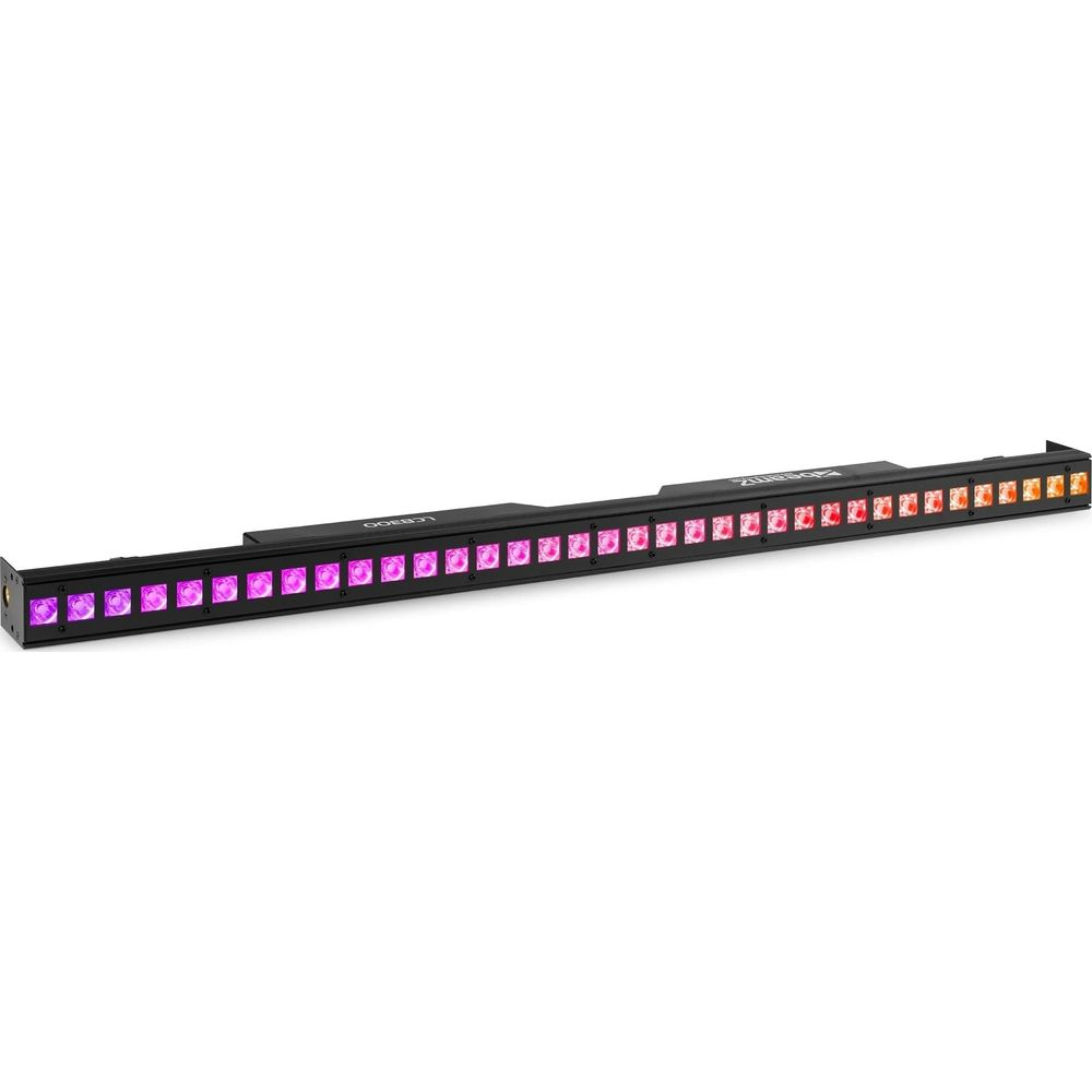 Una barra de luz negra con muchos LEDs coloridos, de rosa a naranja.