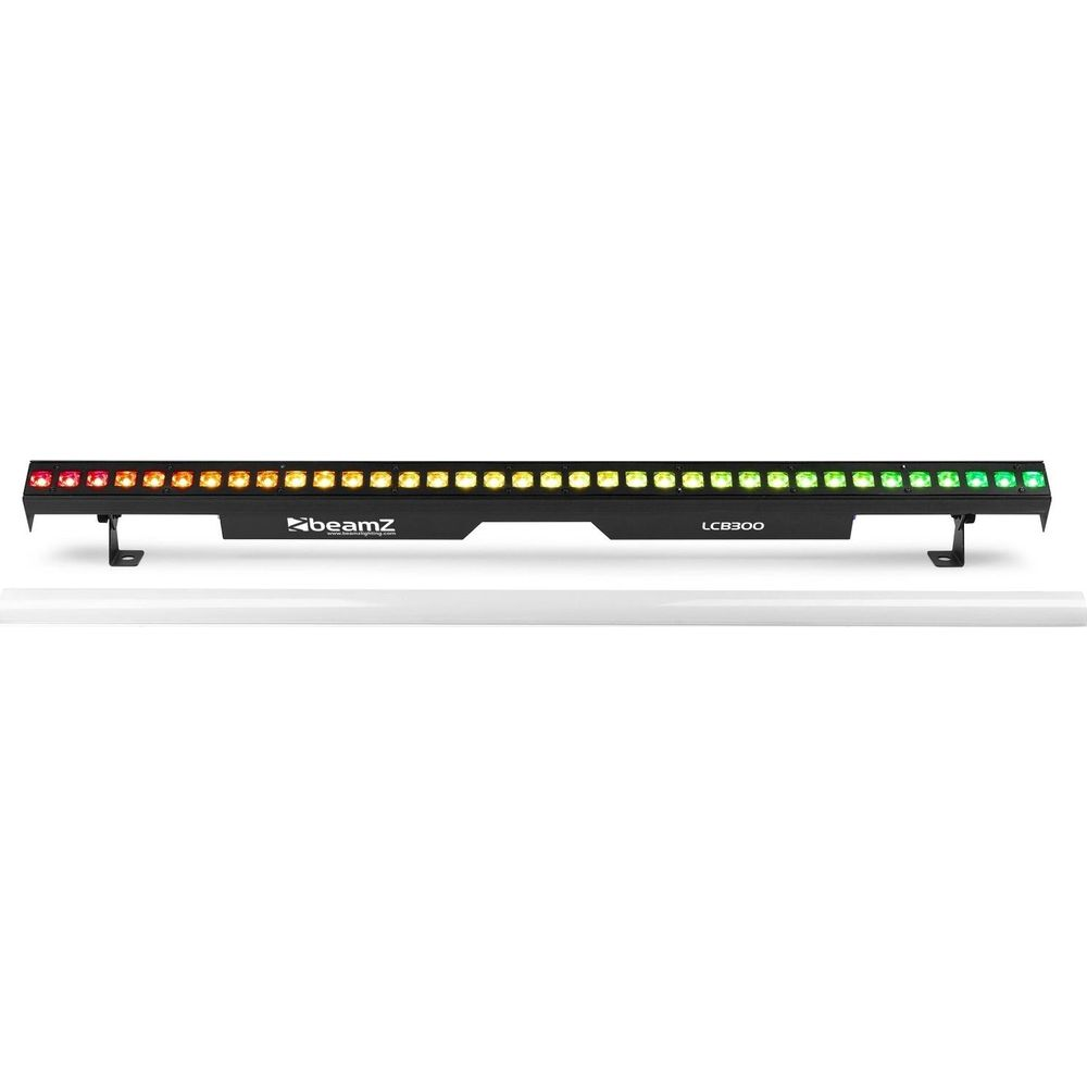 Una barra de luz negra con muchos LEDs de colores, montada en soportes metálicos.