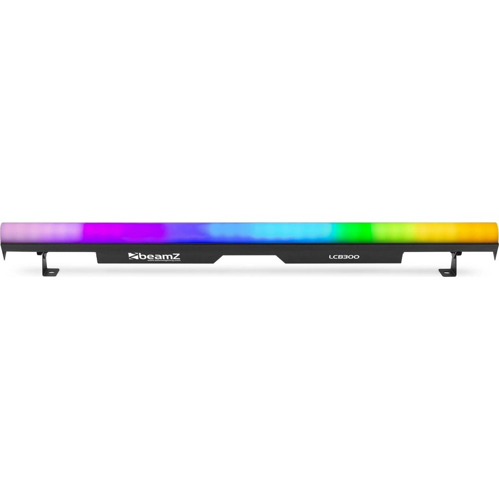 Una barra de luz larga y estrecha con LEDs de colores brilla en púrpura, azul, verde y amarillo.