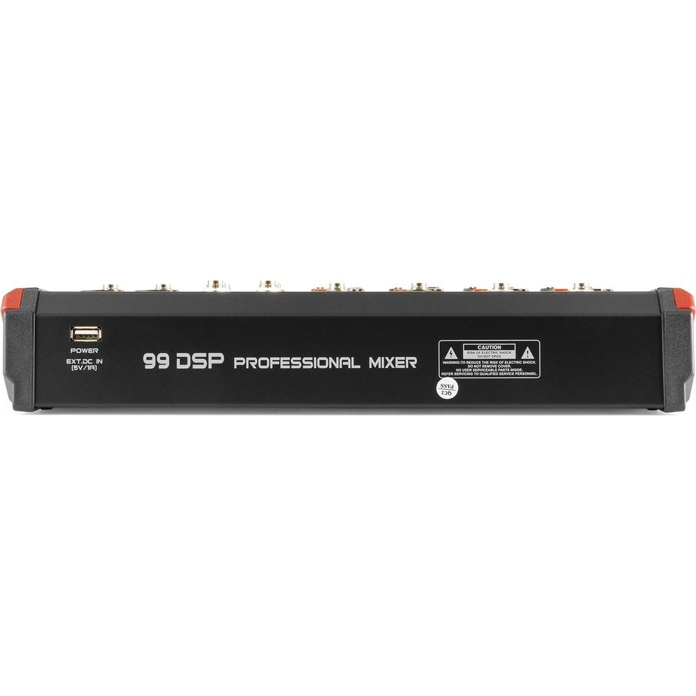 Mezclador negro con puertos y etiqueta: 99 DSP PROFESSIONAL MIXER.