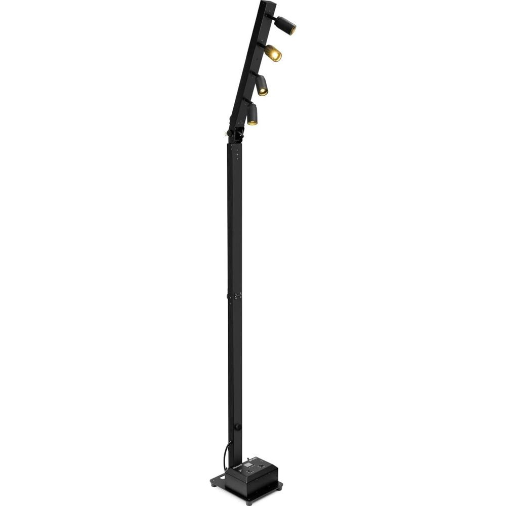 Un poste de luz negro con cuatro luces y una base.