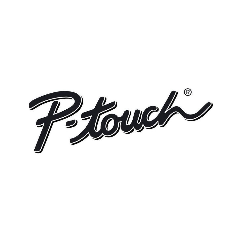 Logo "P-touch" w czarnej, pochyłej czcionce z białym obramowaniem.