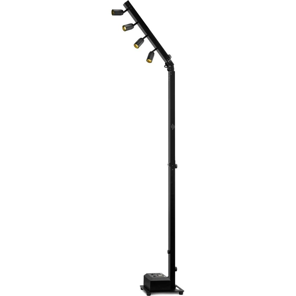 Un soporte negro con cuatro luces apuntando hacia abajo.