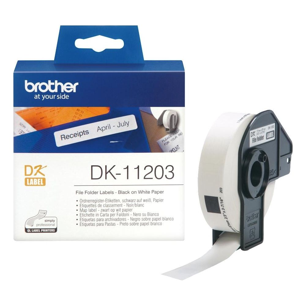 Rolka etykiet Brother DK-11203 do segregatorów, czarne na białym.